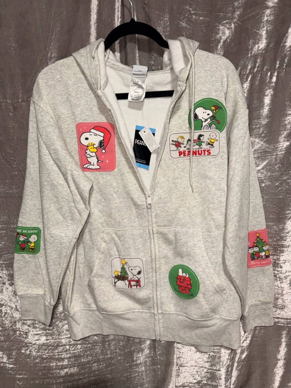 Peanuts Light Gray Zip Hoodie with Festive Snoopy Patches